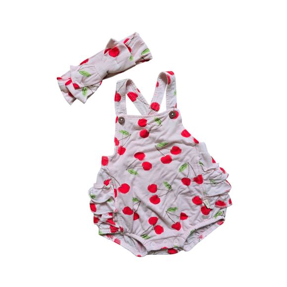 Milkberry Other - Milkberry Bamboo Pink Cherry Overall Bubble Romper with Hair Bow Size 3-6 Months